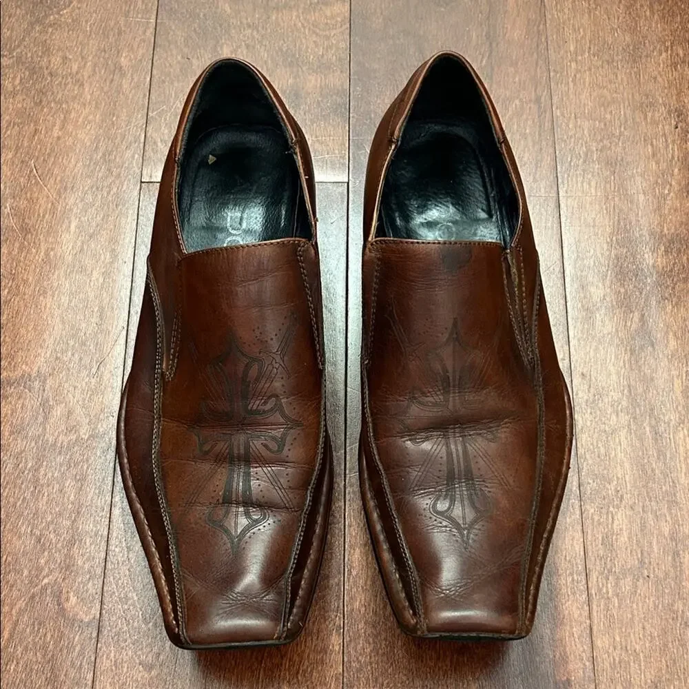 Aldo Men's Brown Leather Slip-On Loafers w/ Cross Design Imprinted, Size 10 (43)